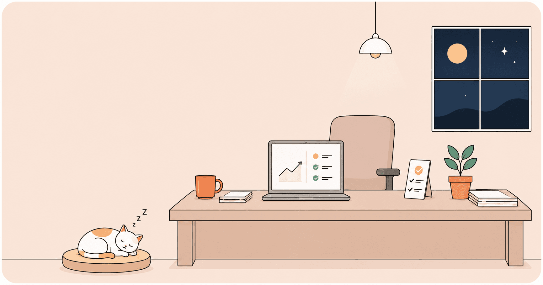 A tidy desk at night: a laptop showing rising sales and a done checklist, a sleeping cat, a moonlit window